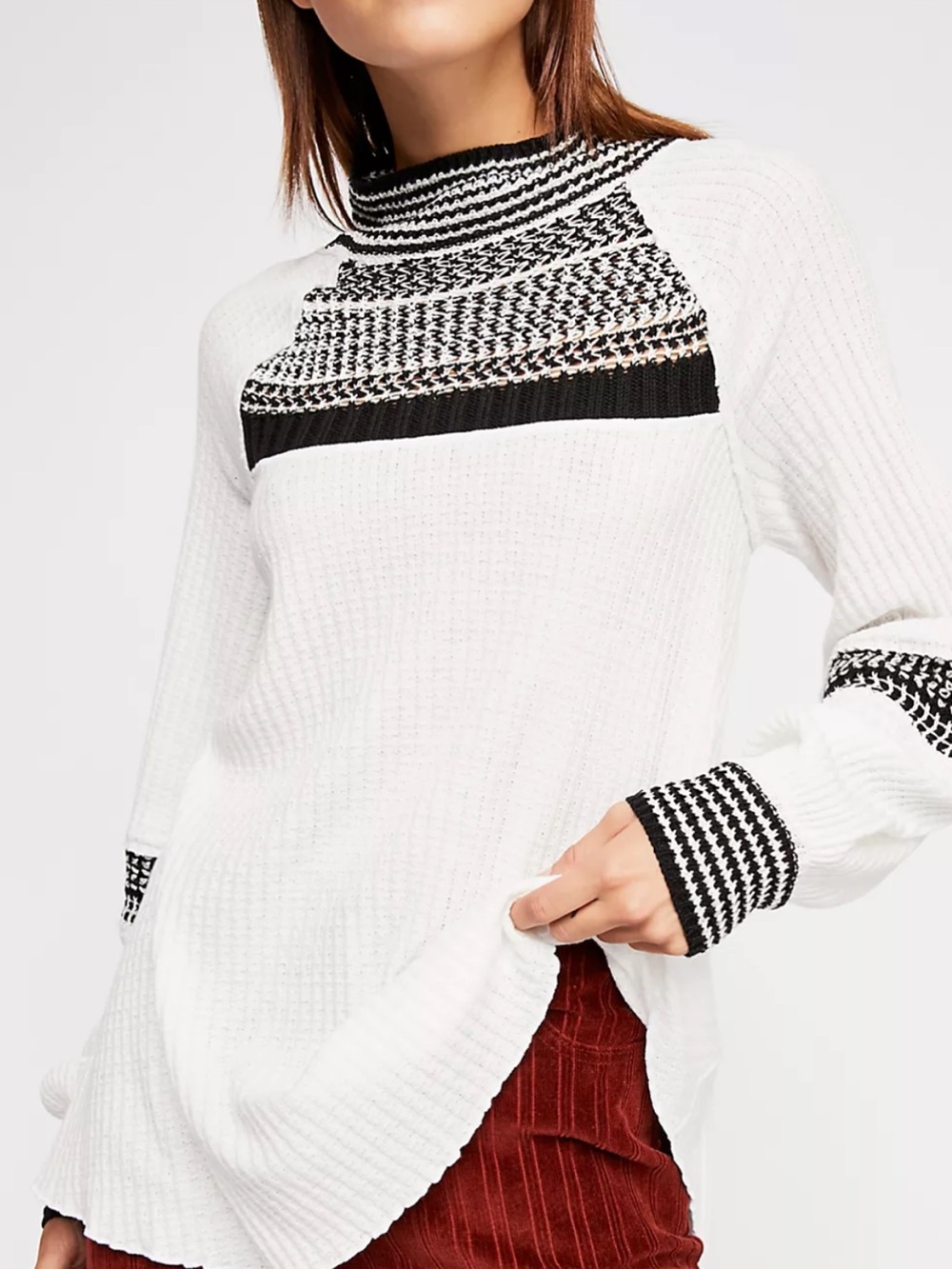 Free People White and Black Patterned Women's Knit Sweater
